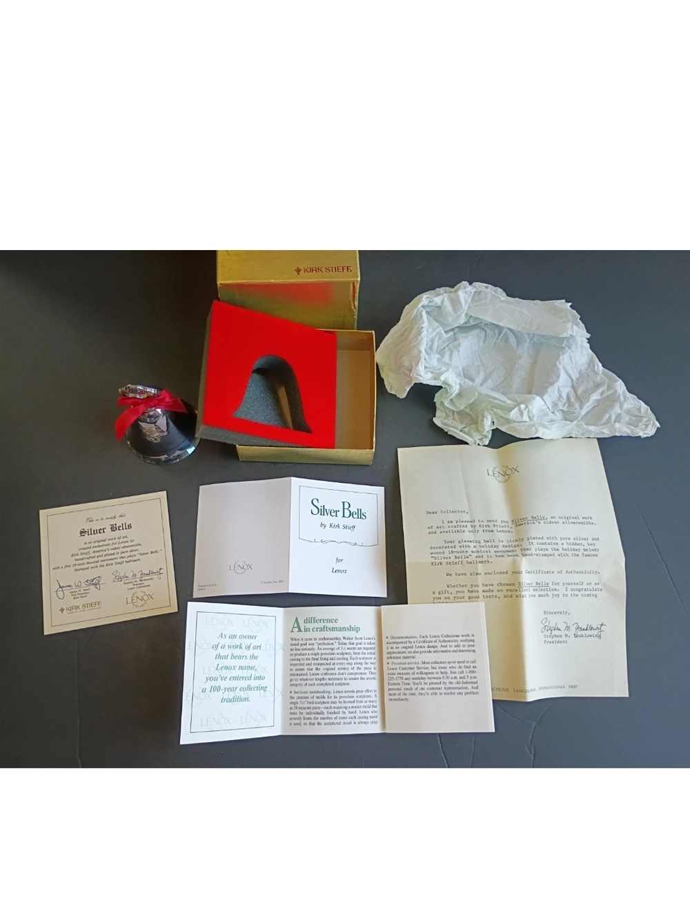 Vtg 1991 Lenox By Kirk Stieff musical "Silver Bells" Music Box Bell W/Box & COA